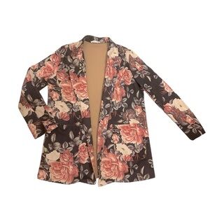 Anthropologie Solitaire Brown Floral Faux Suede Open Jacket Blazer Womens Sz Med
